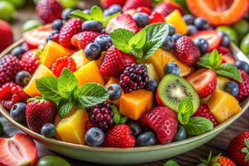 Obraz premium Fresh fruit salad with strawberries kiwi and mangoes colorful health food treat