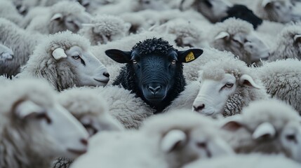 A black sheep standing out in the middle of a flock of white sheep