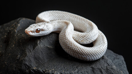 Fototapeta premium stunning albino snake coiled on black stone, showcasing its striking white scales and unique features. contrast against dark background highlights its beauty and elegance
