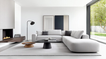 Minimalist interior design showcasing a white and grey toned living room with streamlined storage and a contemporary sofa