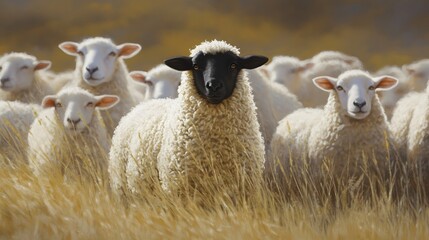 Fototapeta premium A black sheep standing out in the middle of a flock of white sheep