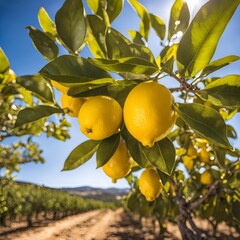 Close-up of organic lemons growing on a tree with lush green leaves and blue sky in the Spanish countryside
