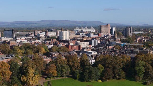 Aerial view of Preston, city in the north of England, United Kingdom