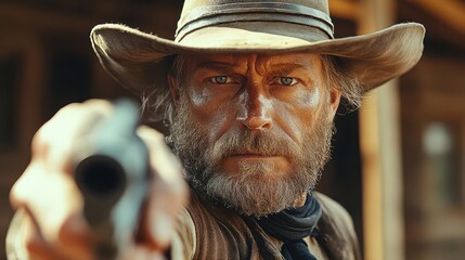 western cowboy poised for a duel dressed in classic attire with an intense gaze and gun aimed at the viewer set against a dusty sunlit wild west town backdrop