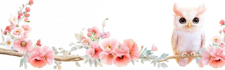 Observant owl perched among vibrant flowers on a branch