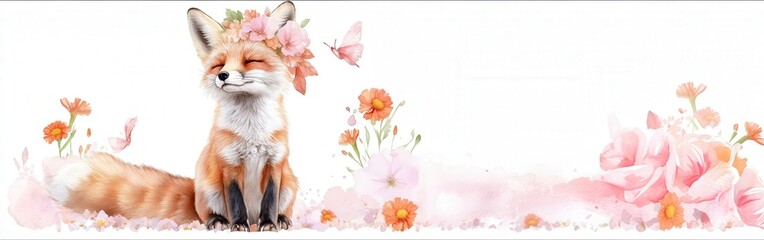 Obraz premium Watercolor fox with floral crown and blossoms in pastel color palette