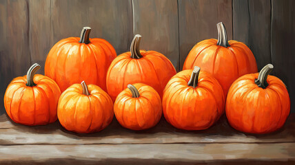 Obraz premium Charming Display of Pumpkins Set Against a Wooden Backdrop