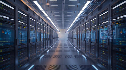 Obraz premium high-tech data warehouse, featuring rows of modern servers with blinking lights in a vast, secure facility, data center, big data