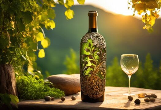 close view unique wine bottle surrounded lush greenery natural elements reflecting rustic charm, aesthetic, ambiance, artisanal, beauty, beverage, figure