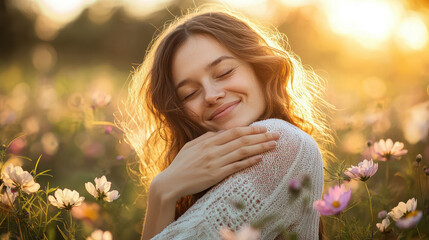 Young woman smiling happily, embracing herself with closed eyes, surrounded by blooming flowers in a sunlit field