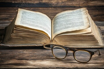 Obraz premium Vintage Open Book with Reading Glasses