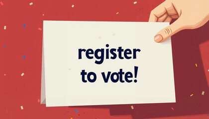 A digital illustration of a hand holding a white card with the text "register to vote!" written in blue lettering. The background is a red color with small scattered confetti.