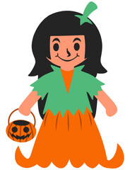 Trick or treat chilli girl carrying jack o lantern bucket. Halloween. Colored HD illustration SVG format vector graphic, editable 5 colors
