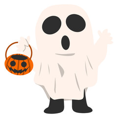 Trick or treat ghost kid carrying jack o lantern bucket. Halloween. Colored HD illustration SVG format vector graphic, editable 5 colors