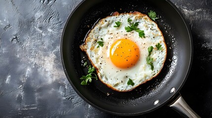 A frying pan with a sunny-side-up egg cooking, the yolk perfectly golden and runny