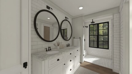 Modern bathroom featuring double sinks, round mirrors, and natural light.
