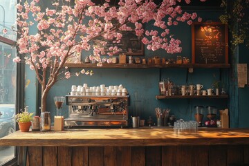 A charming coffee shop with a cherry blossom tree