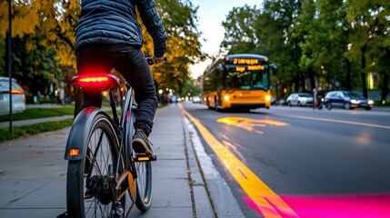 Urban Cycling in the Evening with City Bus Nearby