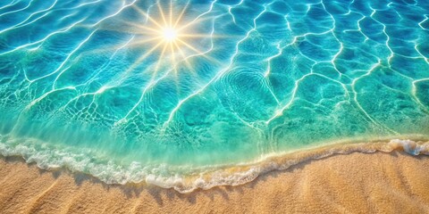 Obraz premium A shimmering turquoise ocean meets the golden sands, a wave breaking along the shoreline with sunlight reflecting off the water's surface.