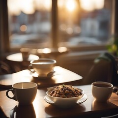 Obraz premium Morning Glow: Breakfast of Granola and Tea in a Charming Café