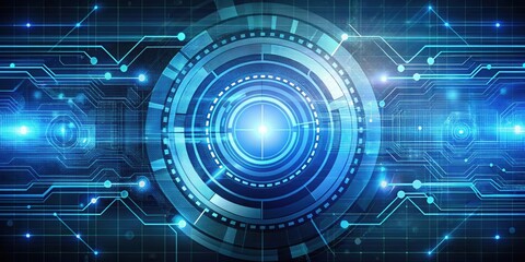 Abstract futuristic technology background with a glowing blue circuit board and a central hub of technological innovation