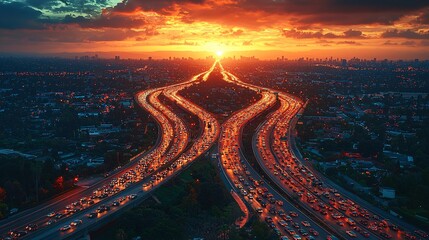 Aerial view of sunset over city freeway traffic jam