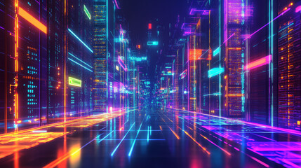 3D rendering of a neon-glowing futuristic city street with digital holograms 