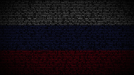 Binary code on flag of Russia. Program source code or Hacker concept on Russian flag. Russia...