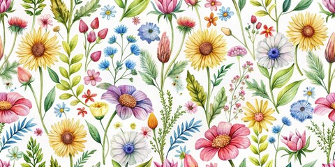 A vibrant watercolor painting showcasing a diverse assortment of wildflowers, blooming in harmonious chaos, each blossom adorned with intricate details, showcasing the beauty of nature's artistry.