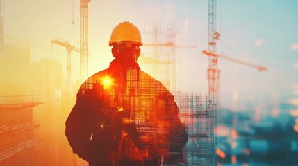 A construction worker silhouetted against a vibrant cityscape, symbolizing industry and progress.