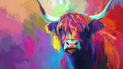 A vibrant, colorful depiction of a cow with a psychedelic background.