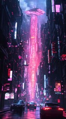 Neon Cityscape with Flying Vehicle