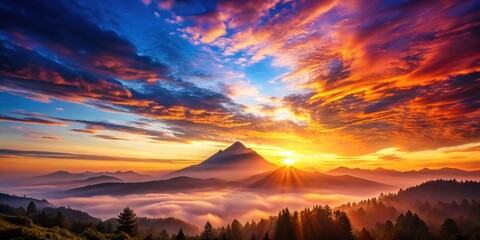 A majestic mountain peak silhouetted against a vibrant sunrise, with rays of light illuminating a misty valley below, creating a breathtaking panorama of nature's beauty.