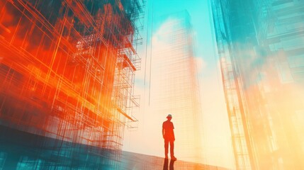 A silhouetted figure stands amidst abstract, colorful skyscrapers, evoking innovation and progress.