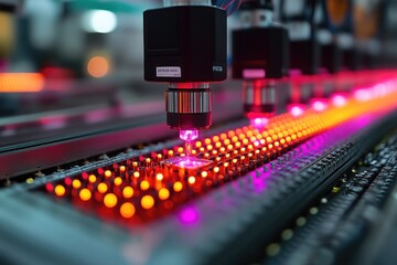 Automated Assembly Line with LEDs Lighting Up Circuit Board