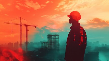 A construction worker silhouetted against a dramatic sky and cranes at a building site.