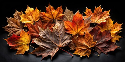 A collection of autumn leaves in various shades of brown, yellow, and red, arranged on a black background, showcasing the delicate veining and vibrant colors of the season.