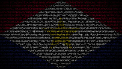 Binary code on flag of Saba. Program source code or Hacker concept on Saban flag. Saba digital...