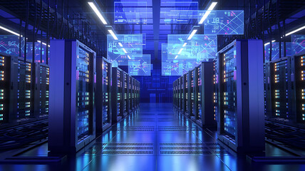 high-tech data warehouse, featuring rows of modern servers with blinking lights in a vast, secure facility, data center, big data