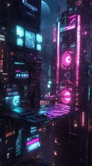 Cyberpunk Cityscape with Neon Lights and Digital Displays