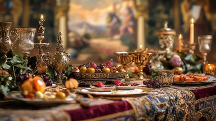 Tilted angle view of an intimate dinner scene, Renaissance banquet style, rich fabrics, intricate details, vibrant colors, warm ambiance