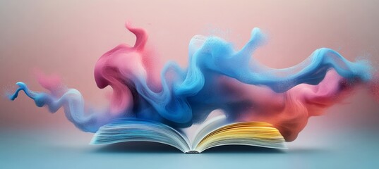 Book with Abstract Colorful Smoke, Blue And Pink. Flowing Color Reading Banner Or Background