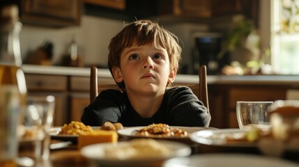 A contemplative boy sits at a dining table filled with various dishes, lost in thought.
