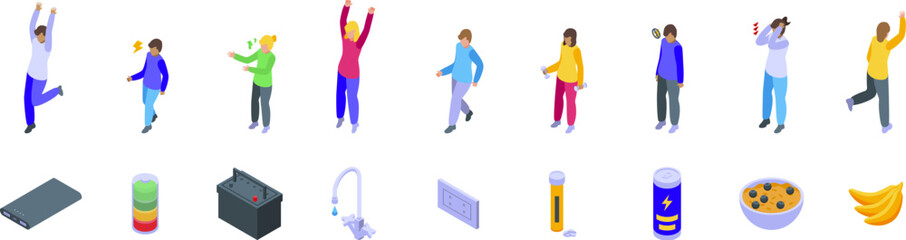 Recharge human icons set. People demonstrating their energy levels, from very energetic to completely exhausted, and different ways to restore energy level