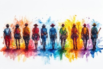 whimsical group of diverse tradespeople rendered in vibrant watercolor splashes tools transforming into fantastical shapes