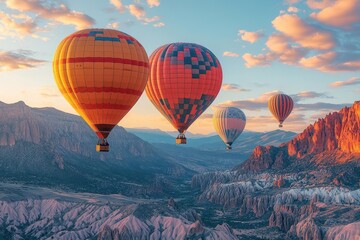 Fototapeta premium whimsical hot air balloons drifting over majestic red rock canyon golden hour light vibrant colors against deep blue sky sense of adventure