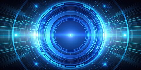 Fototapeta premium A Bright Blue Abstract Digital Interface With Circular Glowing Lines and Circuit Board Pattern