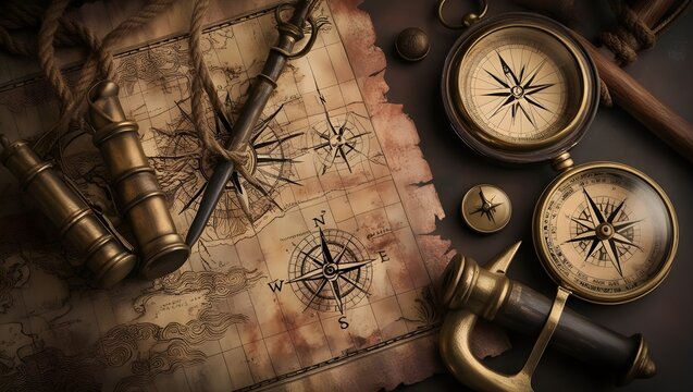 Antique compass resting on a vintage map, evoking a sense of adventure and exploration through history