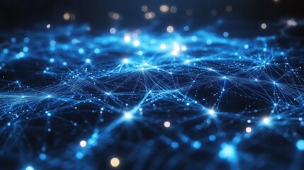 A digital representation of interconnected networks with glowing nodes and lines.