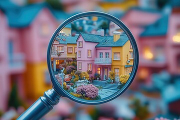 whimsical househunting concept with giant magnifying glass hovering over miniature residential buildings soft pastel colors dreamlike atmosphere architectural details in focus